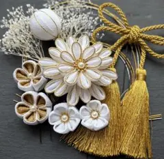 つまみ細工　和装髪飾り　ヘアアクセサリー　披露宴　ホワイト　ゴールド　成人式 2