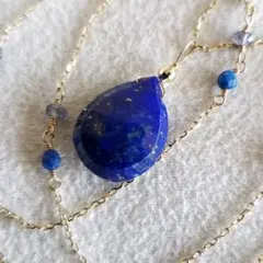 ラピスラズリ&アイオライト♡美品【アンク】K10 ドロップ ネックレス☆アガット