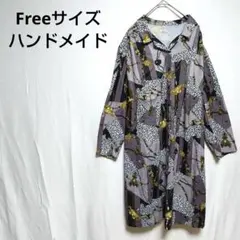 グレー 幾何学柄 シャツワンピース レディース 長袖 秋冬 古着 ハンドメイド