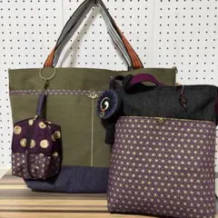 和柄　紫　大容量　ビッグサイズ　サコッシュ　ショルダーバッグ　デニム　生地