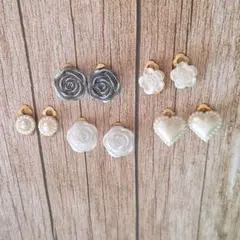 お得5点セット　ローズとハートデザイン イヤリングセット　ホワイト　グレー