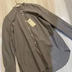 MUJI スタンドカラー長袖シャツ Mサイズ グレー系ストライプ