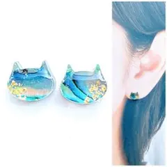 マーブルグリーン8mm猫ピアス/イヤリング 人気　再販