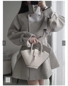 襟2Wayリボンベルト付きフェイクウールトレンチコート アイボリー kz568