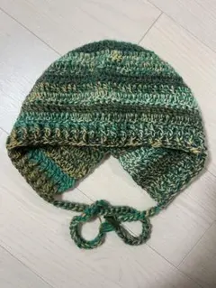 手編み ボンネット帽子 緑系