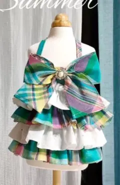 【美品】犬用チェック柄フリルドレスMサイズ