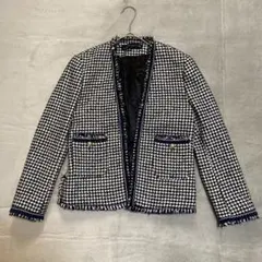 【ザラウーマン】ノーカラージャケット Sサイズ　 ネイビー×白　千鳥格子柄