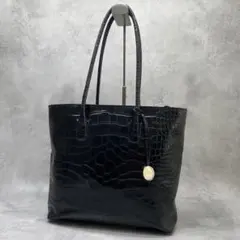 良品✨フルラ トートバッグ オールレザー クロコ型押し 肩掛け ロゴチャーム 黒