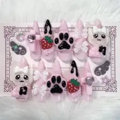 【現品】 ネイルチップ 量産型 地雷系 チョコ 平成女児 猫 いちご ピンク