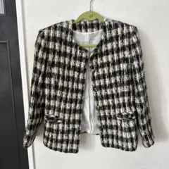 レディースノーカラーツイードジャケットS〜M卒業式入学式イベント同窓会
