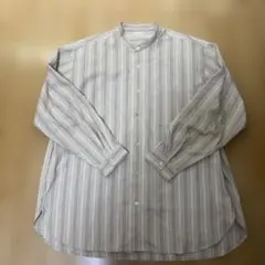 メンズ　バンドカラー長袖シャツ ベージュストライプ