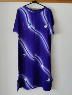 着物地リメイクのフレンチ袖のワンピース 本絹 濃紺 ハンドメイド