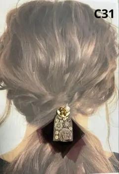 C31インド刺繍リボンヘアゴム 軽ふわタッセル ベージュ　茶色　エンジ