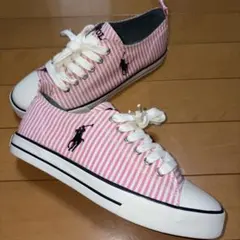 【新品】Polo Ralph Laurenピンクストライプポニーロゴ スニーカー