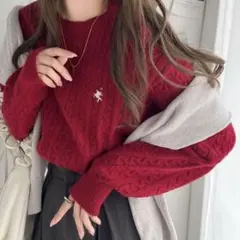 classicalelf　ワンポイント胸刺繍ケーブルニットプルオーバー