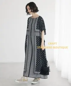 CRAFT◆インドコットン混パネル柄ウエストリボンワンピース◆ブラック系◆F