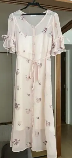 花柄フリル袖シアーワンピース ピンク