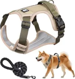 犬 ハーネス 通気性ワンタッチ着脱・夜間反射・1.5mリード付属 、カーキ