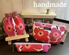 handmade♡小物入れ3点セット　双子巾着&ポーチ&メガネケース　レッド