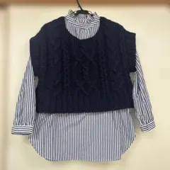 ネイビー ケーブルニット 重ね着シャツ