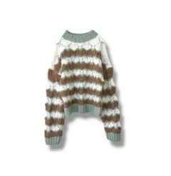 ザラ　ZARA レース編みボーダーニット M ミント系 ウール混 長袖