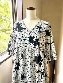 浴衣リメイク　抽象柄　五分袖　Vネック ロングワンピース　LL