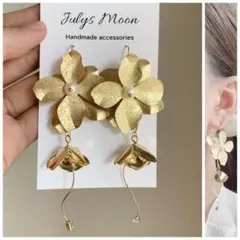 6932アンティークピアスイヤリングゴールド大ぶりフラワー淡水パールロングお花