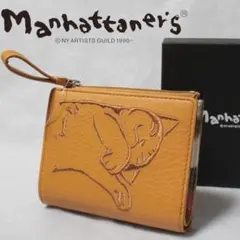 未使用新品 マンハッタナーズ 猫ちゃん刺繍 内側プリントレザー 二つ折り財布