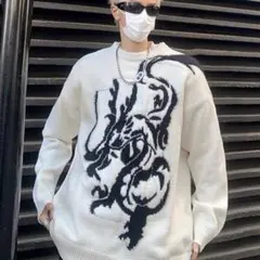 白　ニット　ストリート　アメカジ　ドラゴン　オーバーサイズ　ロック　ユニセックス