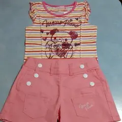 フリル付きボーダー柄コロンちゃん箔プリントタンクトップとショートパンツ2点セット