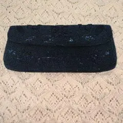 【美品】総ビーズ刺繍 ブラック＆ネイビー　クラッチバッグ