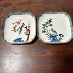 花と鳥の陶器皿 2枚セット