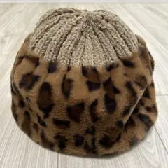 ニット帽 ブラウン　ファー付き　豹柄　レオパード　フリーサイズ
