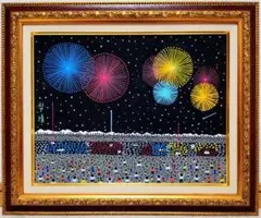 真作】絵画 新藤淑子 アクリル画3号 夜空に咲く花火と摩天楼の夜景
