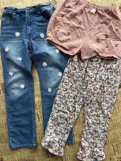 petit main デイジーデニム&花柄ズボン&チェリーショートパンツセット