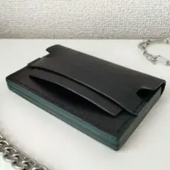 名刺入れ／黒とターコイズとグレーの積み革カードケース／本革／レザー／お洒落