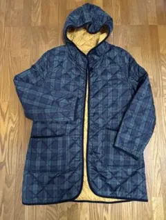 フード付きキルティングジャケット ネイビーとグリーンのチェック柄 リバーシブル