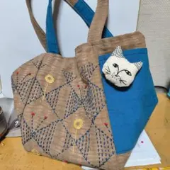 猫ブローチ　2個セット　刺し子　ハンドメイド　7-29