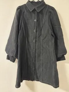 レディース 黒 シャツワンピース 襟付き 長袖 ブラック ステッチデザイン