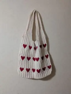 アイボリー ハート模様 ニットトートバッグ