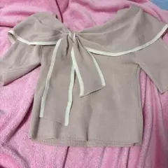 配色リボンオフショルニット ピンク