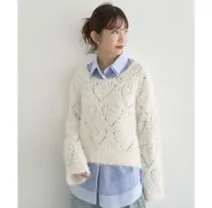 シャギーミックス透かしハート柄ニット　アイボリー