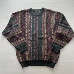 ストライプ柄　ニットセーター　古着　カーキ　L