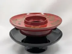 木製 天目台2点セット 黒塗り・朱塗り花文 金彩 茶道具 傷・剥がれあり
