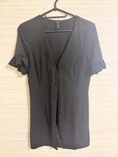 【ZARA trf 】フリル袖 Vネック ボタン ワンピース ブラック S