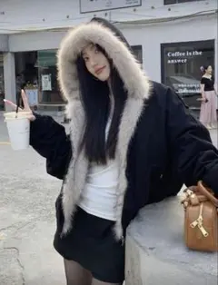 ファー付きフードジャケット 黒 グレー