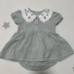 mamaraku バースデイ グリーンチェック チェリー　襟付き ベビー服 70