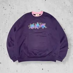 90sメキシコ製MorningSun落ち葉スウェットトレーナー紫ピンク花柄古着L