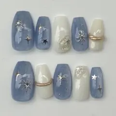 サイズオーダー　ネイルチップ　星空　韓国風　ワンホン　冬　ニュアンス　マグネット