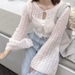 muguet sheer knit ribbon tops